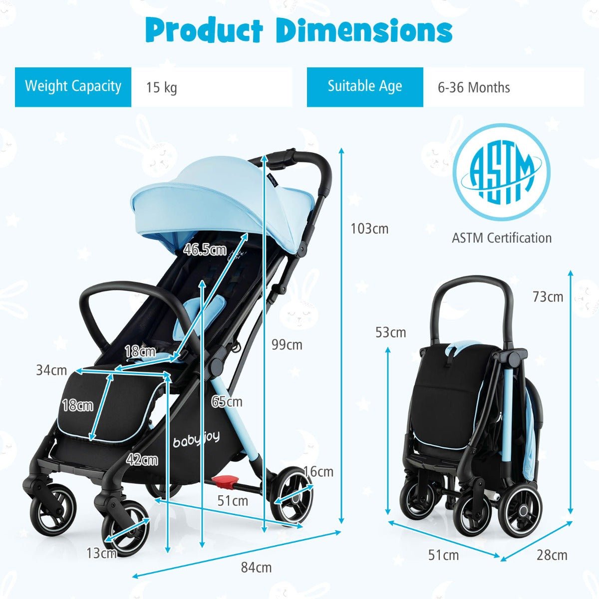 Gravity Folding Baby Stroller in Blue - Kids Mega Mart