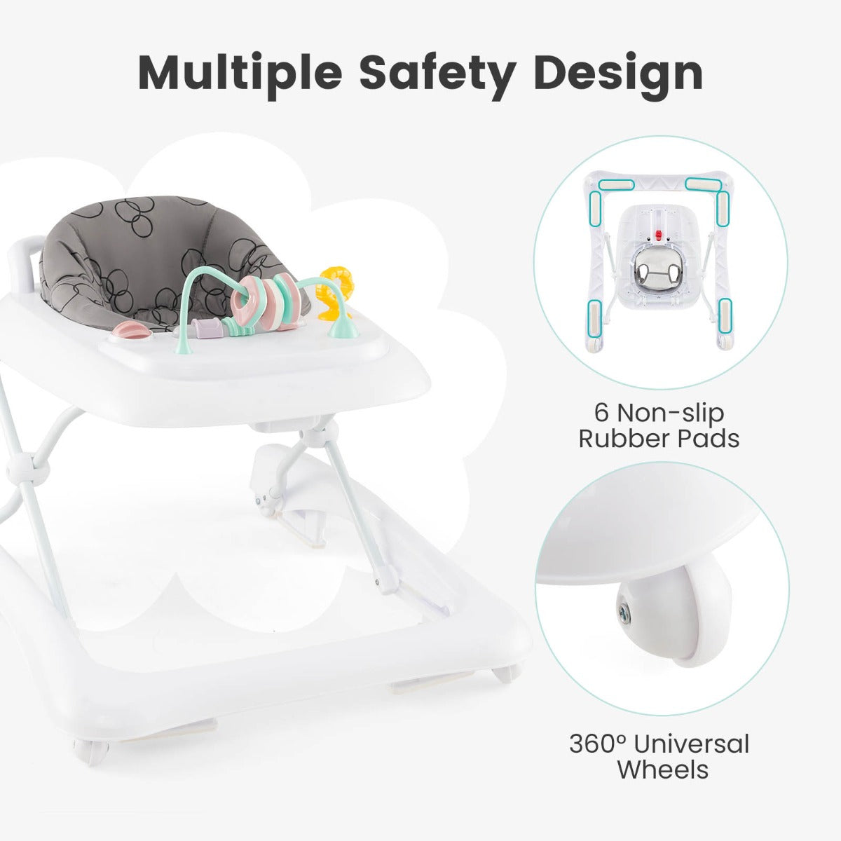 Grey 3-in-1 baby walker with adjustable height and activity center for versatile play. Grey 3-in-1 baby walker with adjustable height and activity center for versatile play.