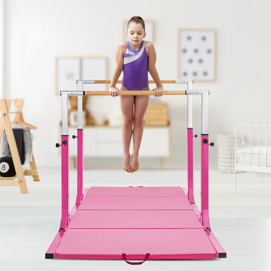 Costway Double Gymnastics Horizontal Bar with Adjustable Width and 11-Level Heights-Pink