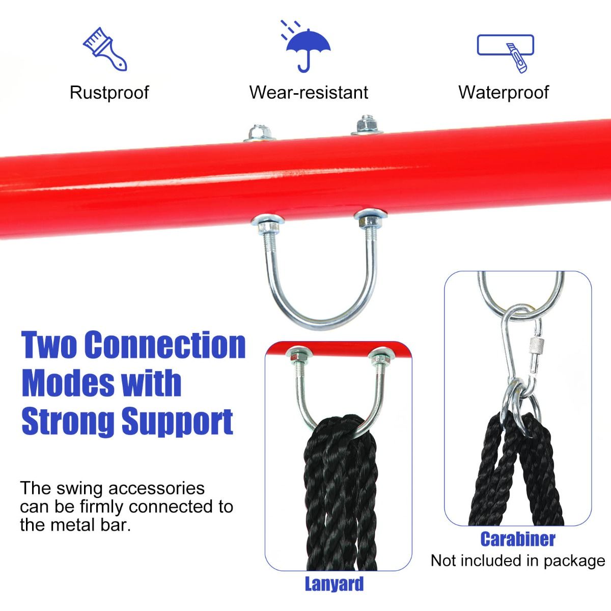 Colorful steel swing stand frame for kids play area, bright red and blue design. Colorful steel swing stand frame for kids play area, bright red and blue design.