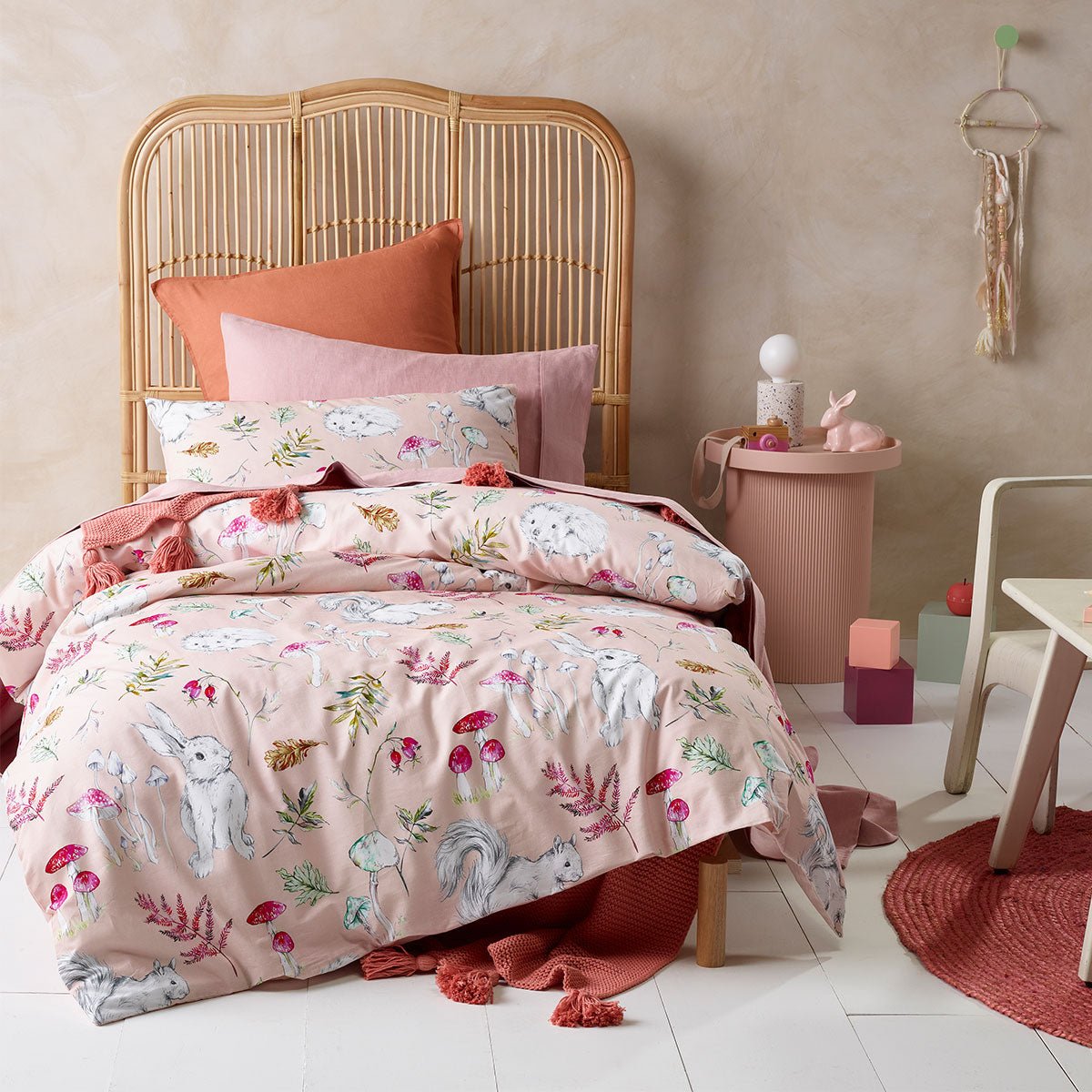 Kids digital printed cotton quilt cover set in pink, perfect for story time.