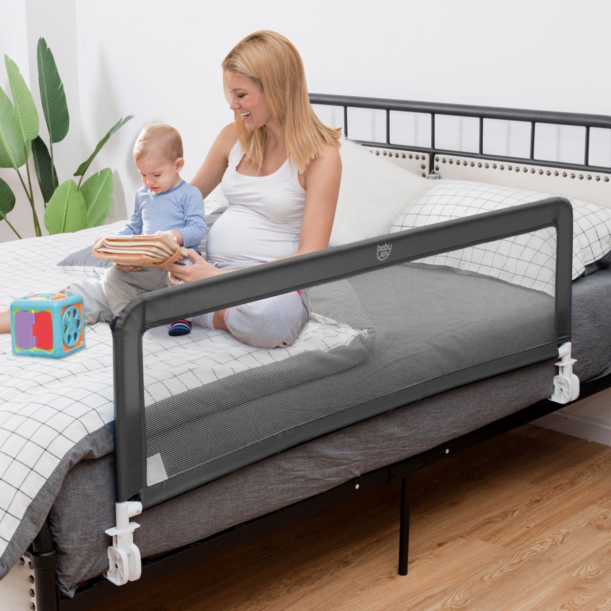 Height Adjustable Bed Rail with Mesh Cloth for Toddlers Grey - Kids Mega Mart