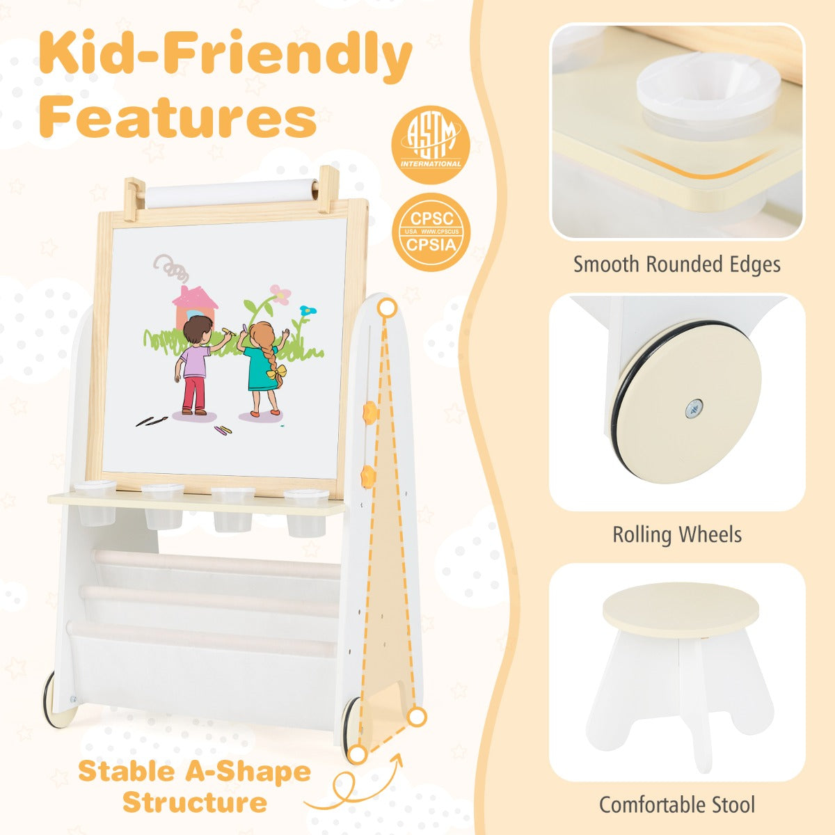 Kids Art Easel | Adjustable Height, Magnetic Whiteboard, Natural