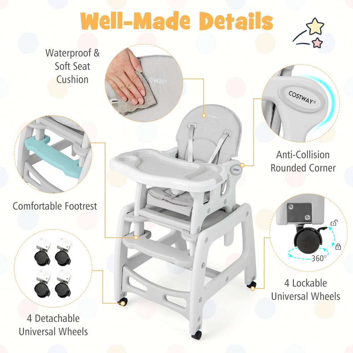 Convertible highchair with adjustable tray for toddlers, ideal for mealtimes and playtime at home. Convertible highchair with adjustable tray for toddlers, ideal for mealtimes and playtime at home.