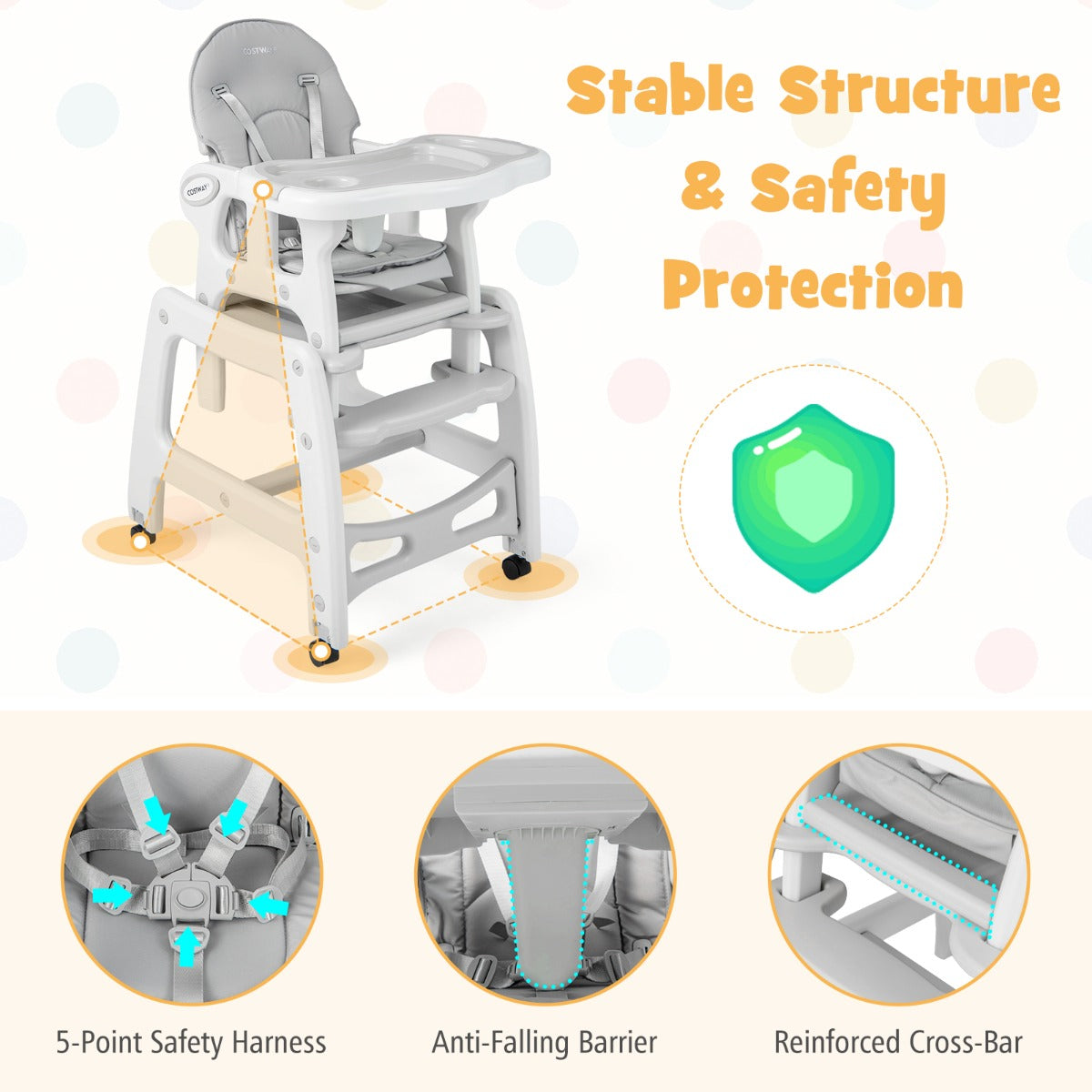 3-in-1 Highchair with Removable 4-Position Tray and Seat Cushion  for 6-36 Months