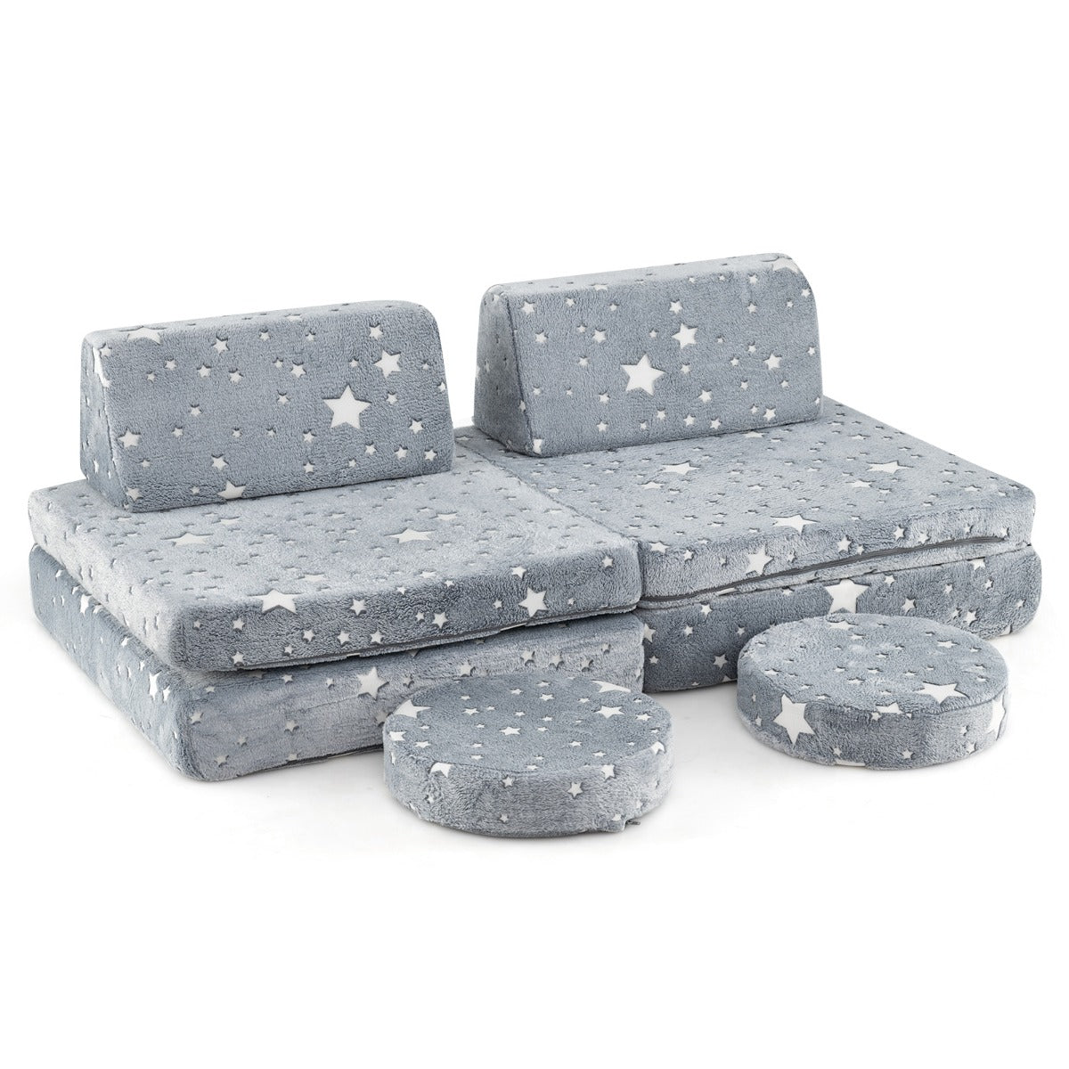 Grey modular play couch for kids features glow-in-the-dark patterns and soft flannel covers for imaginative playtime Grey modular play couch for kids features glow-in-the-dark patterns and soft flannel covers for imaginative playtime