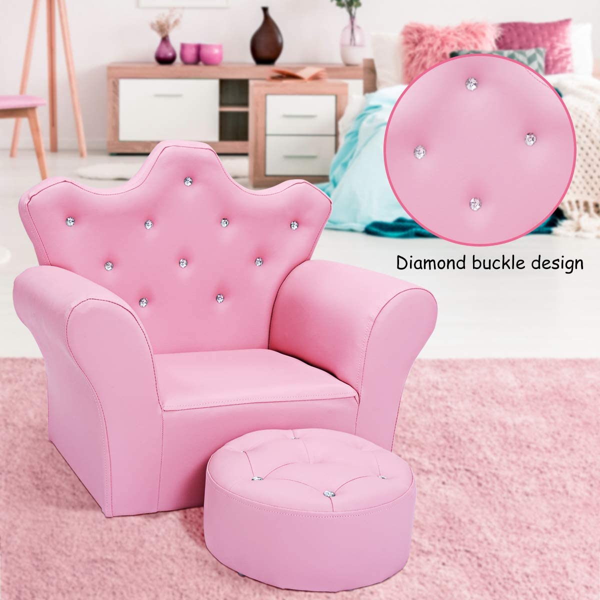 Princess-themed Kids Crown Sofa Set with Ottoman for royal playtime enchantment.