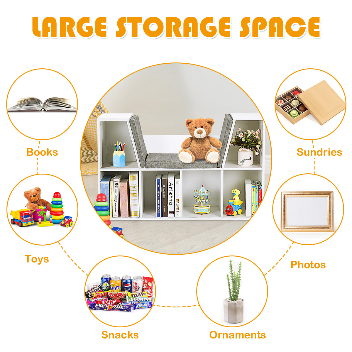 Kids wooden bookcase with reading nook - cozy storage solution for childrens books and toys. Kids wooden bookcase with reading nook - cozy storage solution for childrens books and toys.