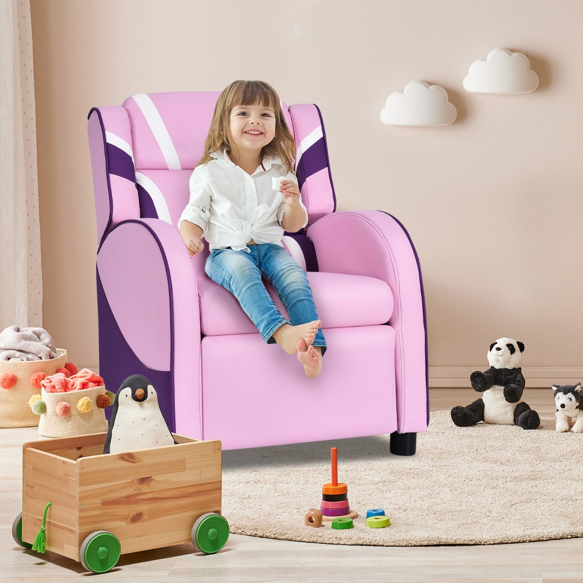 Kids pink recliner chair with storage, ergonomic design for cozy and organized seating at home.