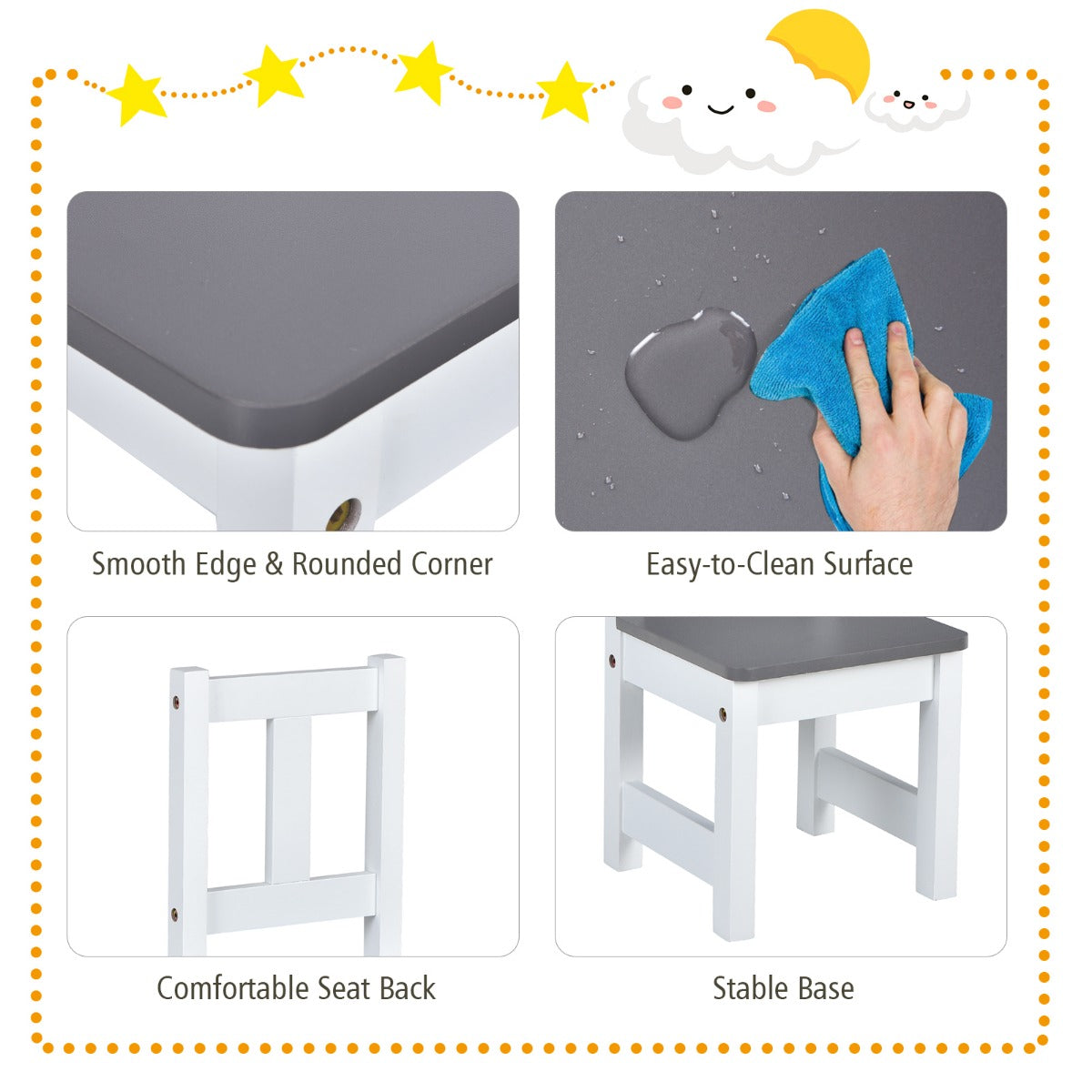 Kids activity table with chairs and bench for playtime and storage organization at home. Kids activity table with chairs and bench for playtime and storage organization at home.