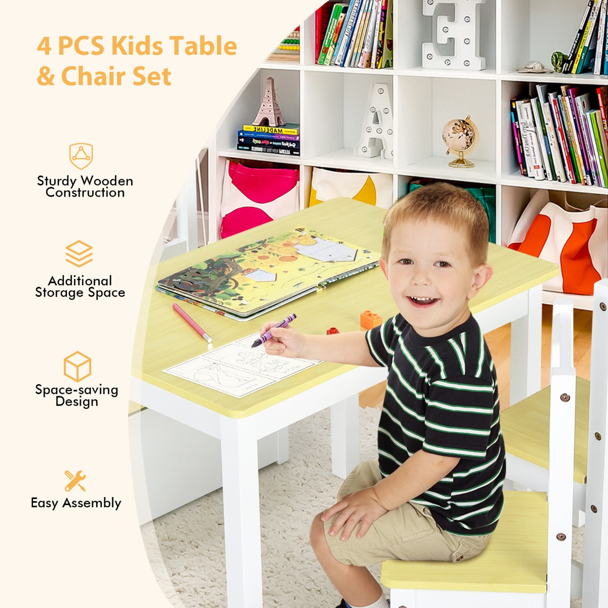 Kids 4-piece wooden activity table set with storage bench for play and learning.