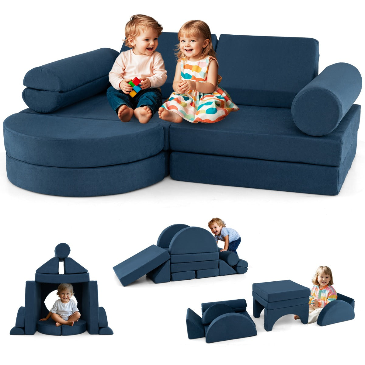 Costway 13 PCS Modular Kids Play Couch for Nursery Playroom Bedroom Living Room-Blue