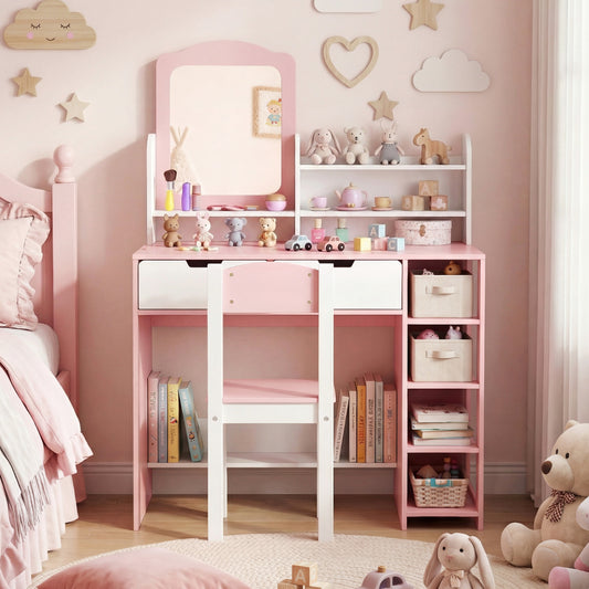 White & Pink Princess Vanity Set With Mirror and Chair | Girls