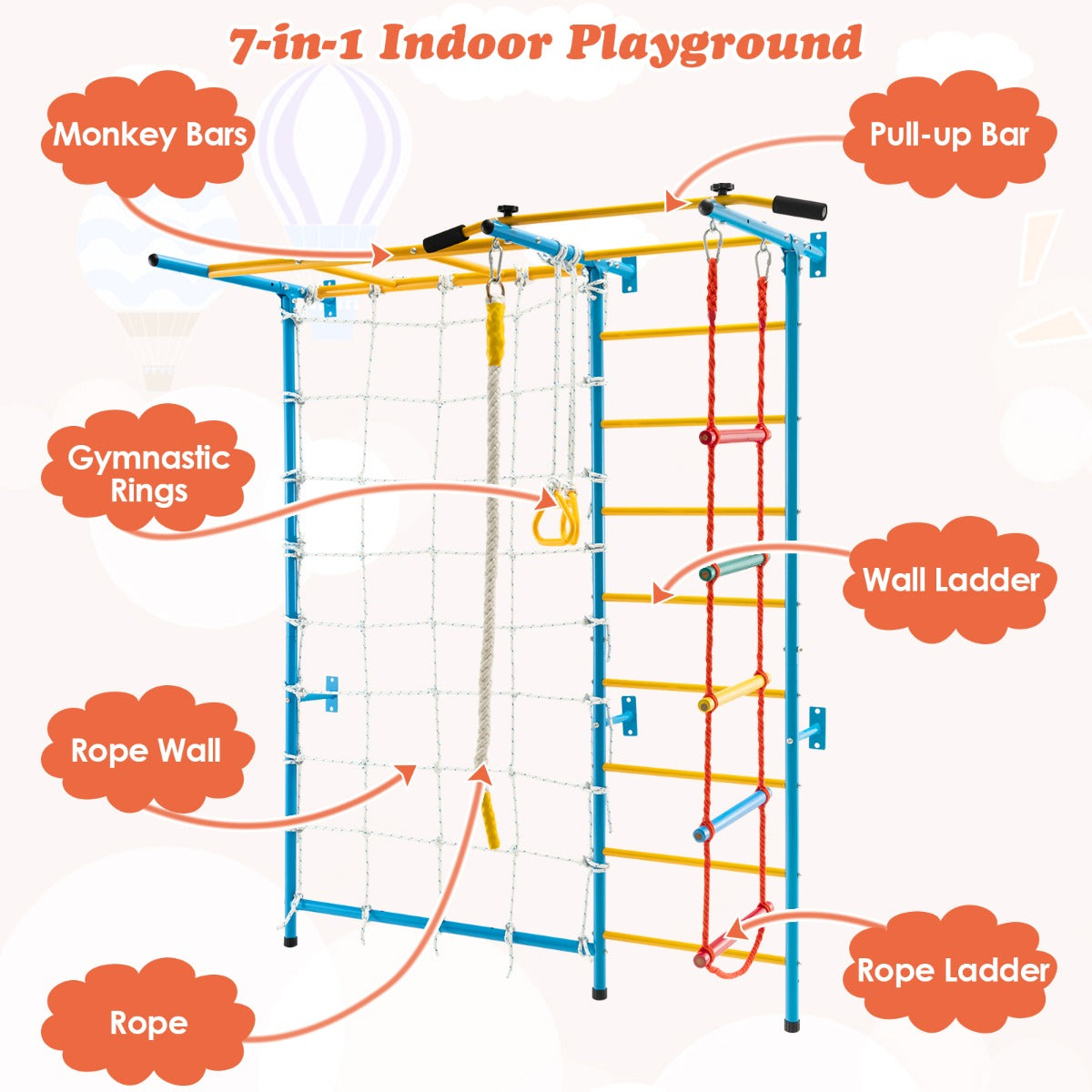 Indoor kids playground set with monkey bars for active play at home gym. Indoor kids playground set with monkey bars for active play at home gym.