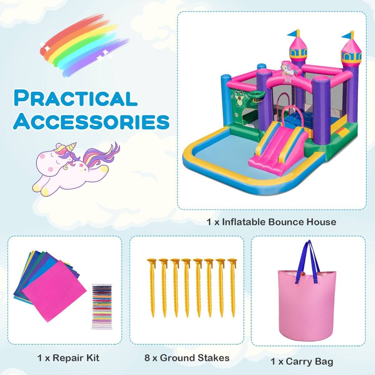 Vibrant inflatable bounce house featuring six activities, including slide and ball pit, for endless outdoor fun. Vibrant inflatable bounce house featuring six activities, including slide and ball pit, for endless outdoor fun.