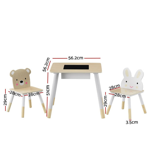 Keezi 3PCS Kids Table and Chairs Set with Chalkboard and Hidden Storage, ideal for play and study at home.