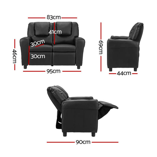 Keezi Kids Black Double PU Leather Recliner - Stylish lounge chair for childrens home comfort.