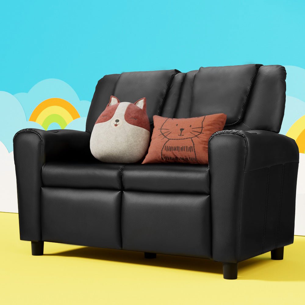 Keezi Kids Recliner Chair | Double PU Leather Sofa in Black, Perfect for Home Lounging.