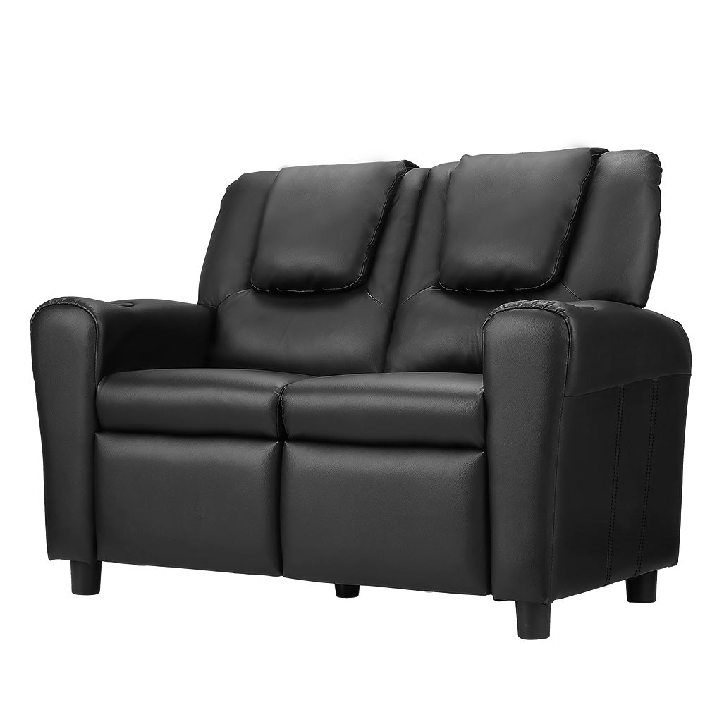 Keezi Kids Recliner Chair Double PU Leather Sofa Lounge Couch Armchair Black - Kids Mega Mart