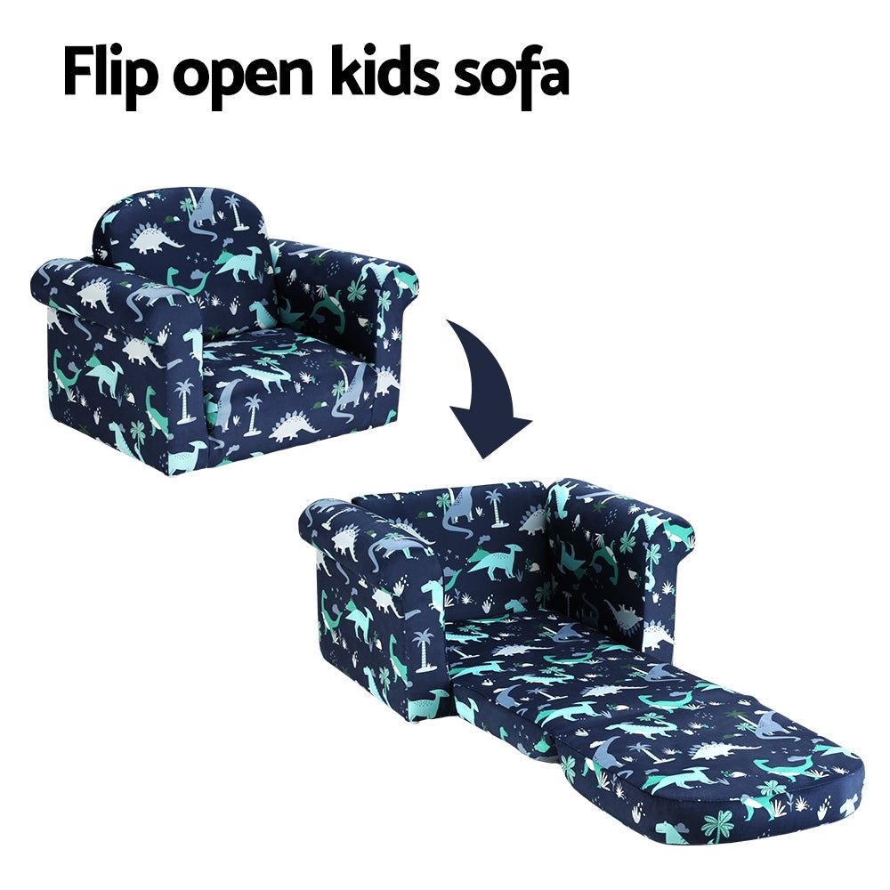 Keezi Kids Sofa 2 Seater Children Flip Open Couch Lounger Armchair Dinosaur Navy - Kids Mega Mart