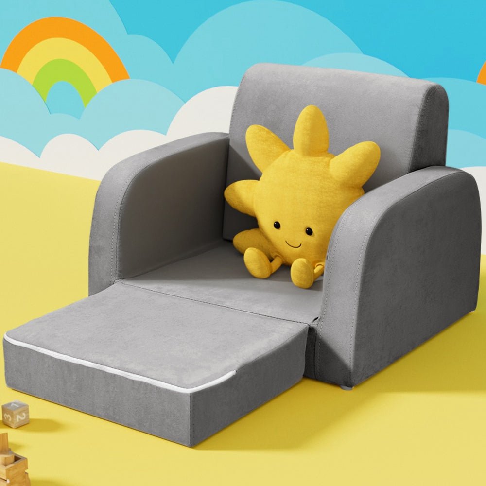 Keezi Kids Sofa 2 Seater Children Flip Open Couch Lounger Armchair Soft Grey - Kids Mega Mart
