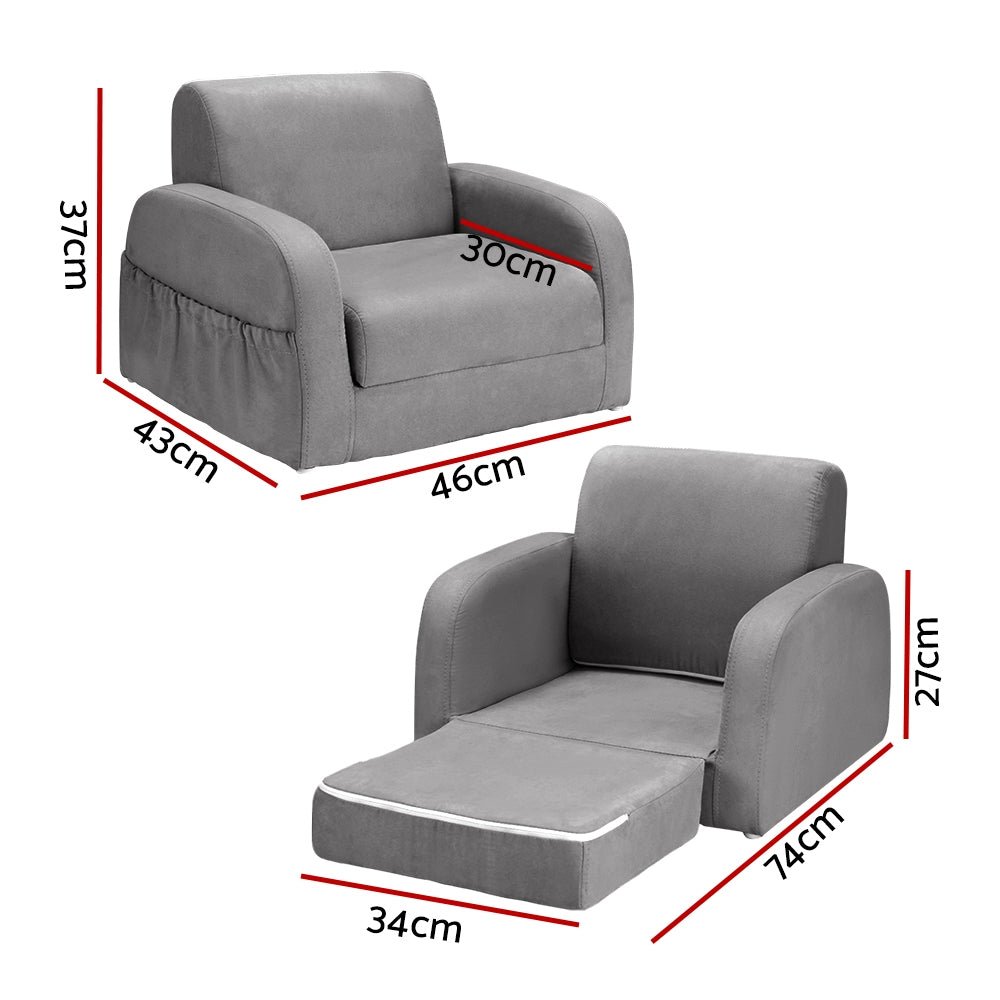 Keezi Kids Sofa 2 Seater Children Flip Open Couch Lounger Armchair Soft Grey - Kids Mega Mart