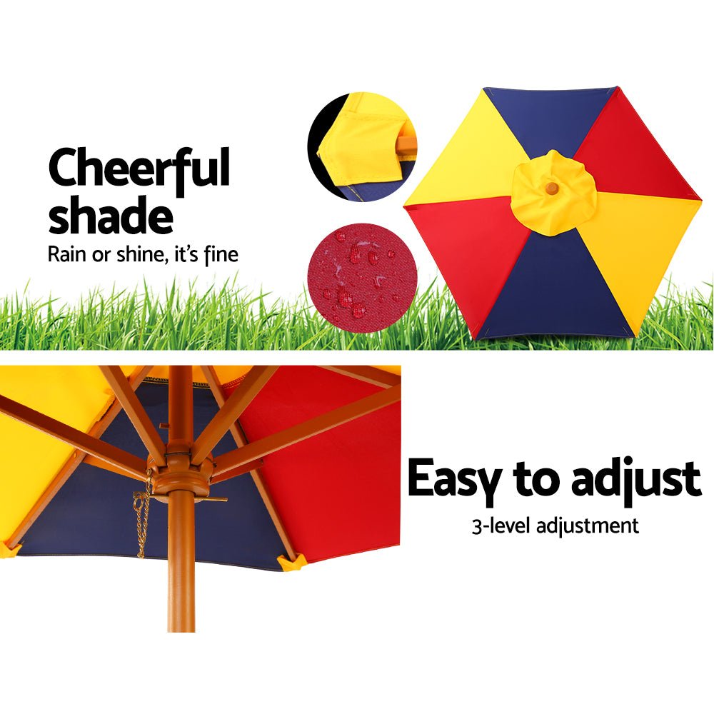 Keezi kids picnic table set with umbrella for outdoor play and dining fun. Keezi kids picnic table set with umbrella for outdoor play and dining fun.
