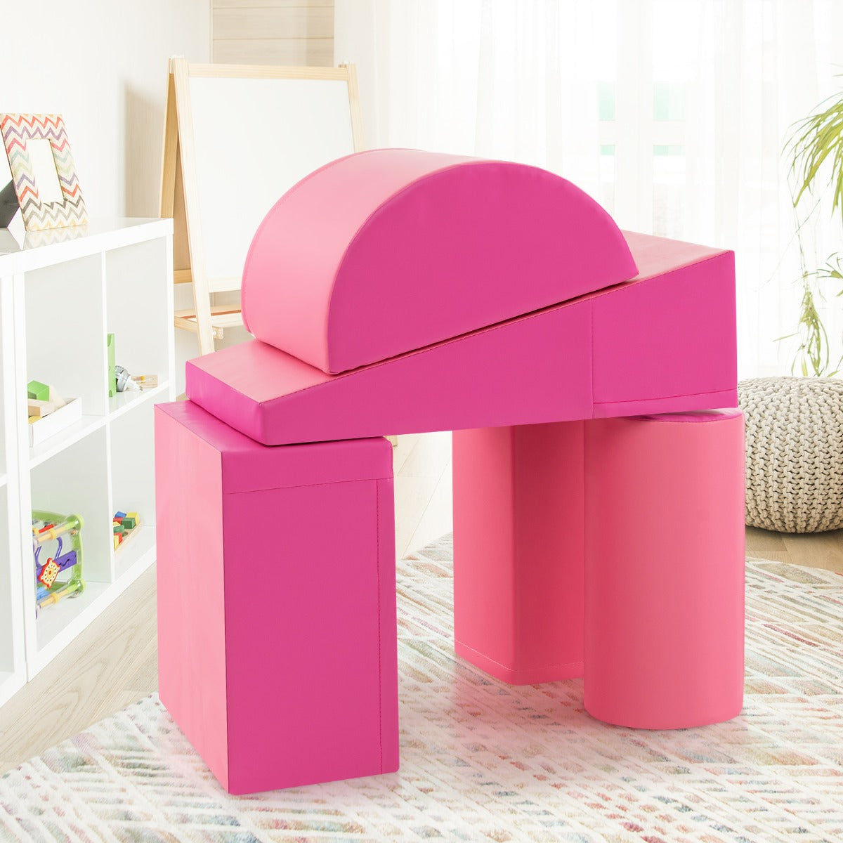 5-piece pink foam climbing blocks set for safe and active toddler indoor play. 5-piece pink foam climbing blocks set for safe and active toddler indoor play.