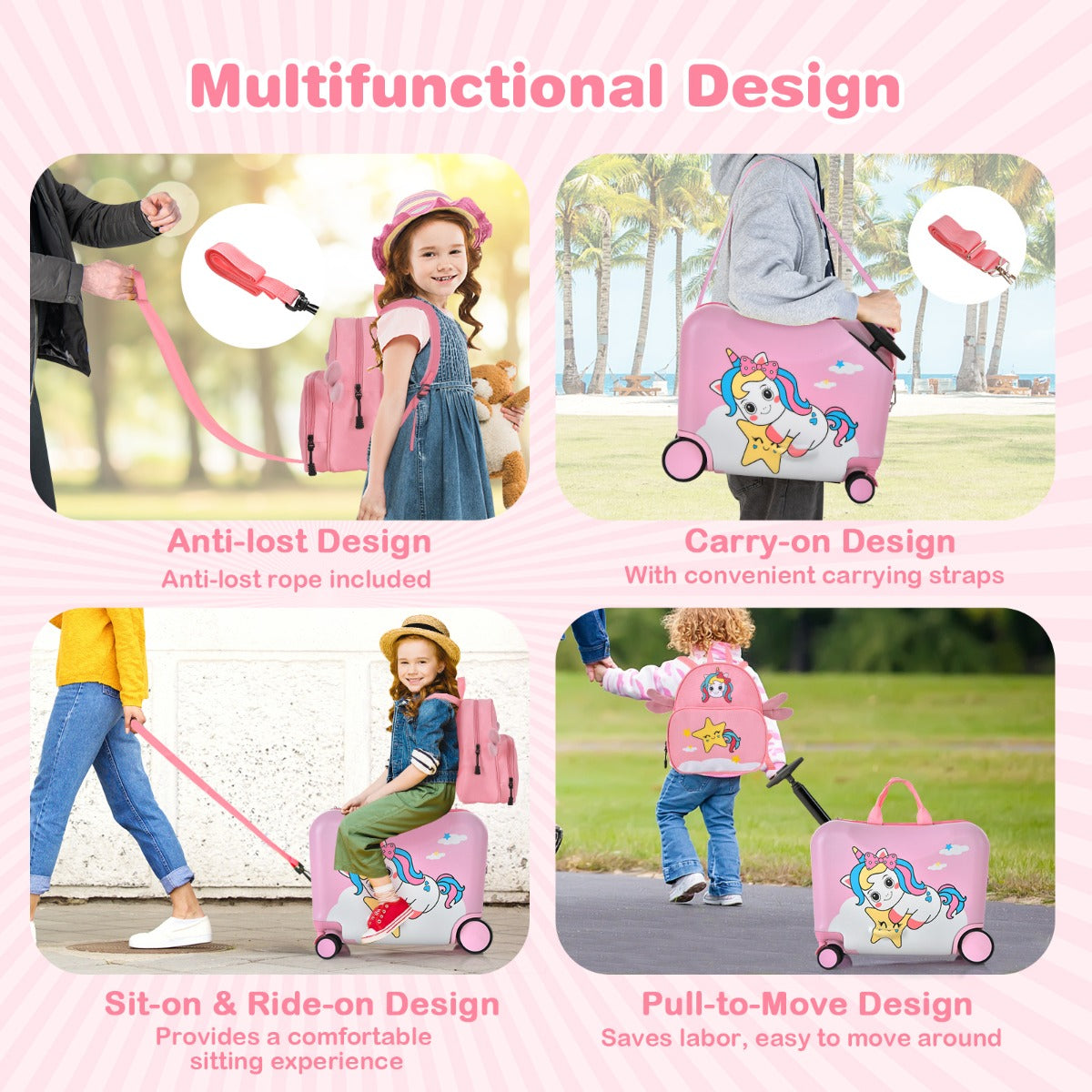 Bee-themed kids 2-piece luggage set with ride-on suitcase and backpack for playful travels. Bee-themed kids 2-piece luggage set with ride-on suitcase and backpack for playful travels.