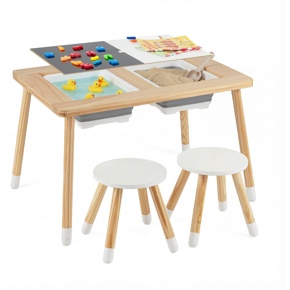 Kids Table Chairs Set Pine Wood Double Sided Natural White