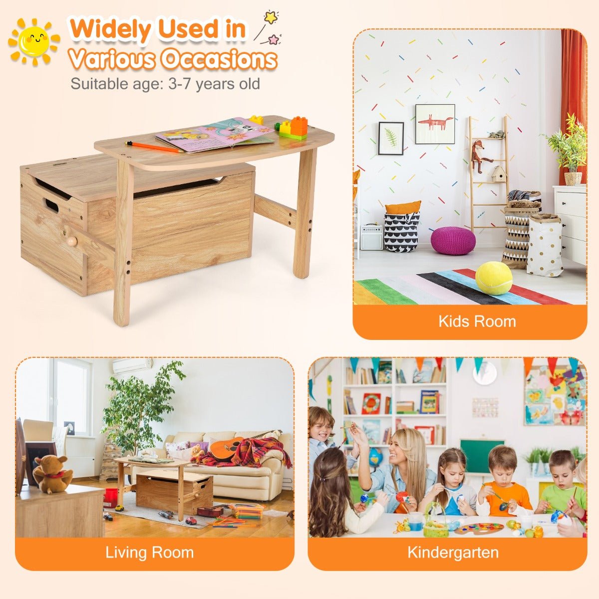 Kids activity bench with storage, promoting creativity and organization in natural wood design. Kids activity bench with storage, promoting creativity and organization in natural wood design.