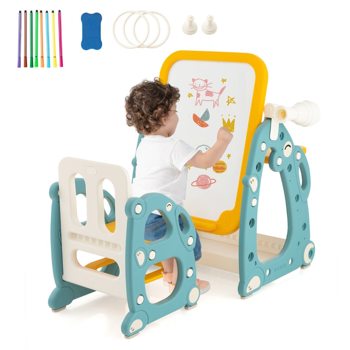 Kids 4-in-1 art easel set with chair and accessories for creative home activities.
