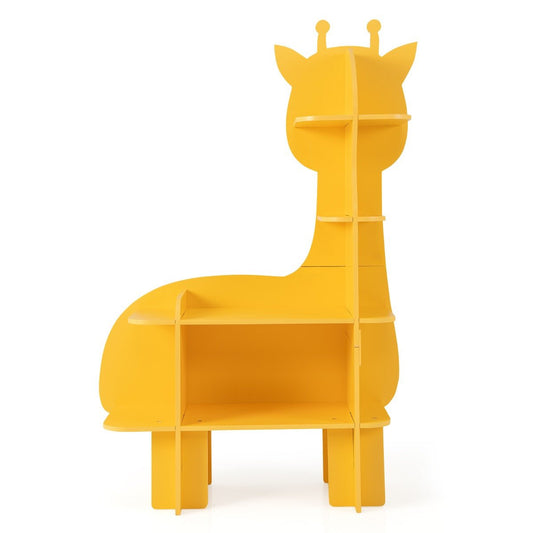 Yellow 4-tier kids bookshelf with adorable giraffe theme for playful storage in childrens rooms.