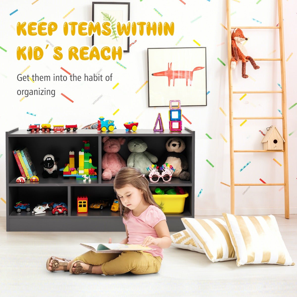 Kids grey bookshelf and toy organizer unit for neat and stylish storage solution. Kids grey bookshelf and toy organizer unit for neat and stylish storage solution.