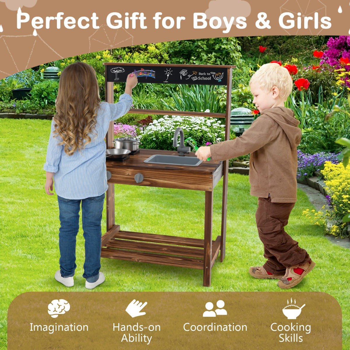 Wooden outdoor mud kitchen playset for kids 3+ with storage - imaginative outdoor play.