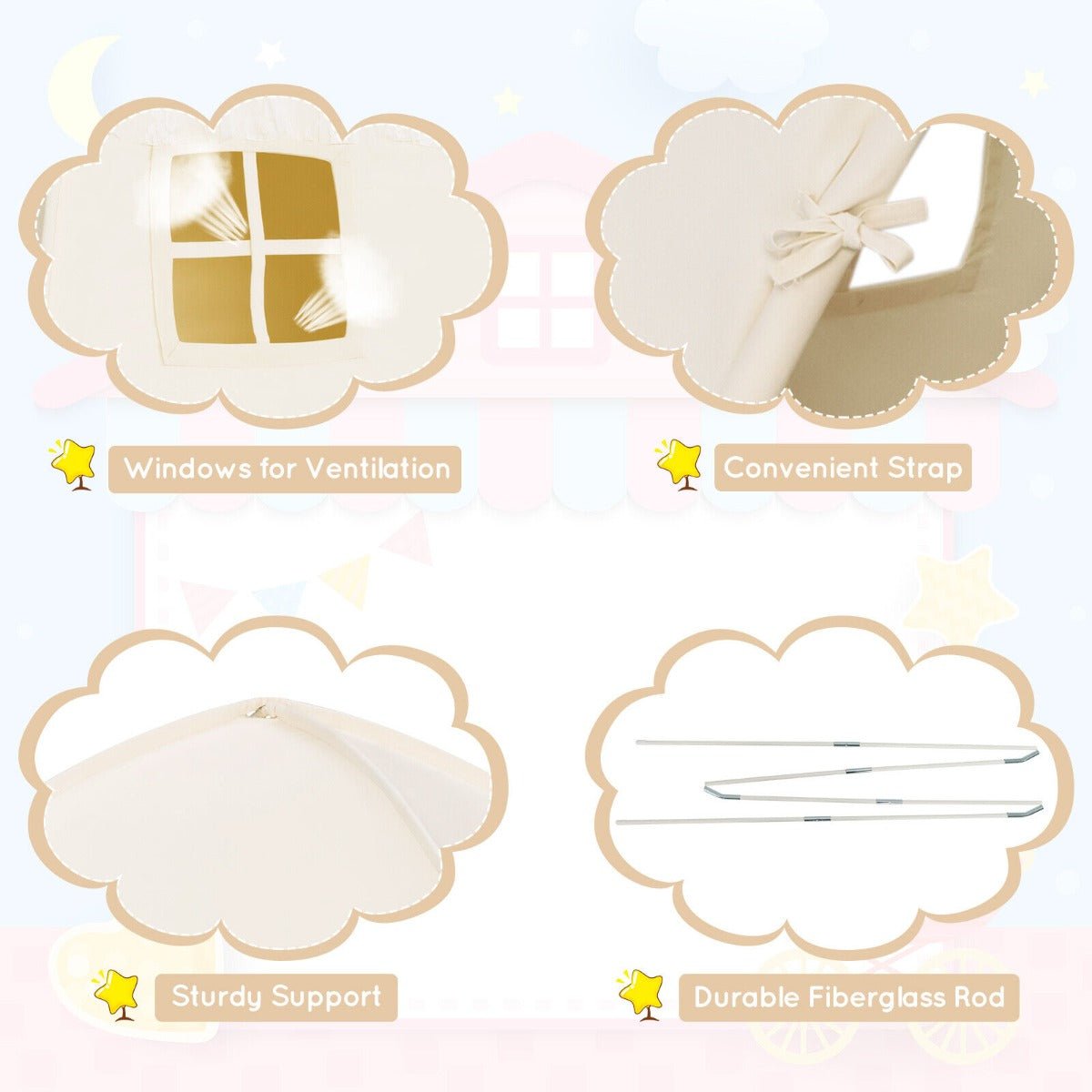 Colorful play tent with storage bag for indoor and outdoor kids fun activities. Colorful play tent with storage bag for indoor and outdoor kids fun activities.