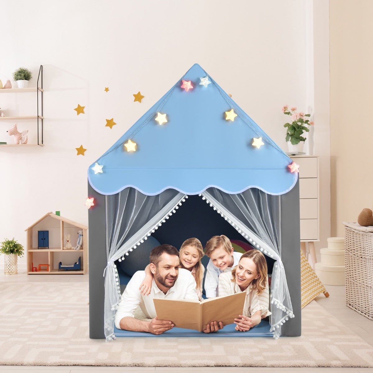 Kids playhouse tent with lights and washable mat, perfect for imaginative indoor playtime. Kids playhouse tent with lights and washable mat, perfect for imaginative indoor playtime.