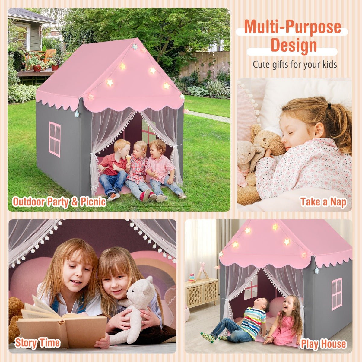 Pink princess castle playhouse tent with lights and mat for imaginative play at home. Pink princess castle playhouse tent with lights and mat for imaginative play at home.