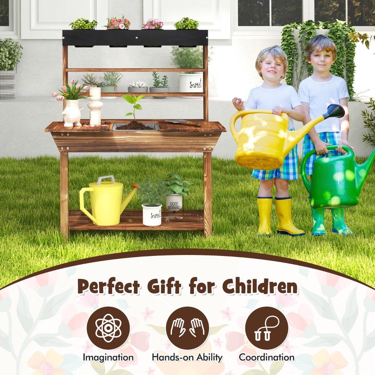 Kids Potting Bench Wooden Toy Gardening Center with 4 Pots - Kids Mega Mart
