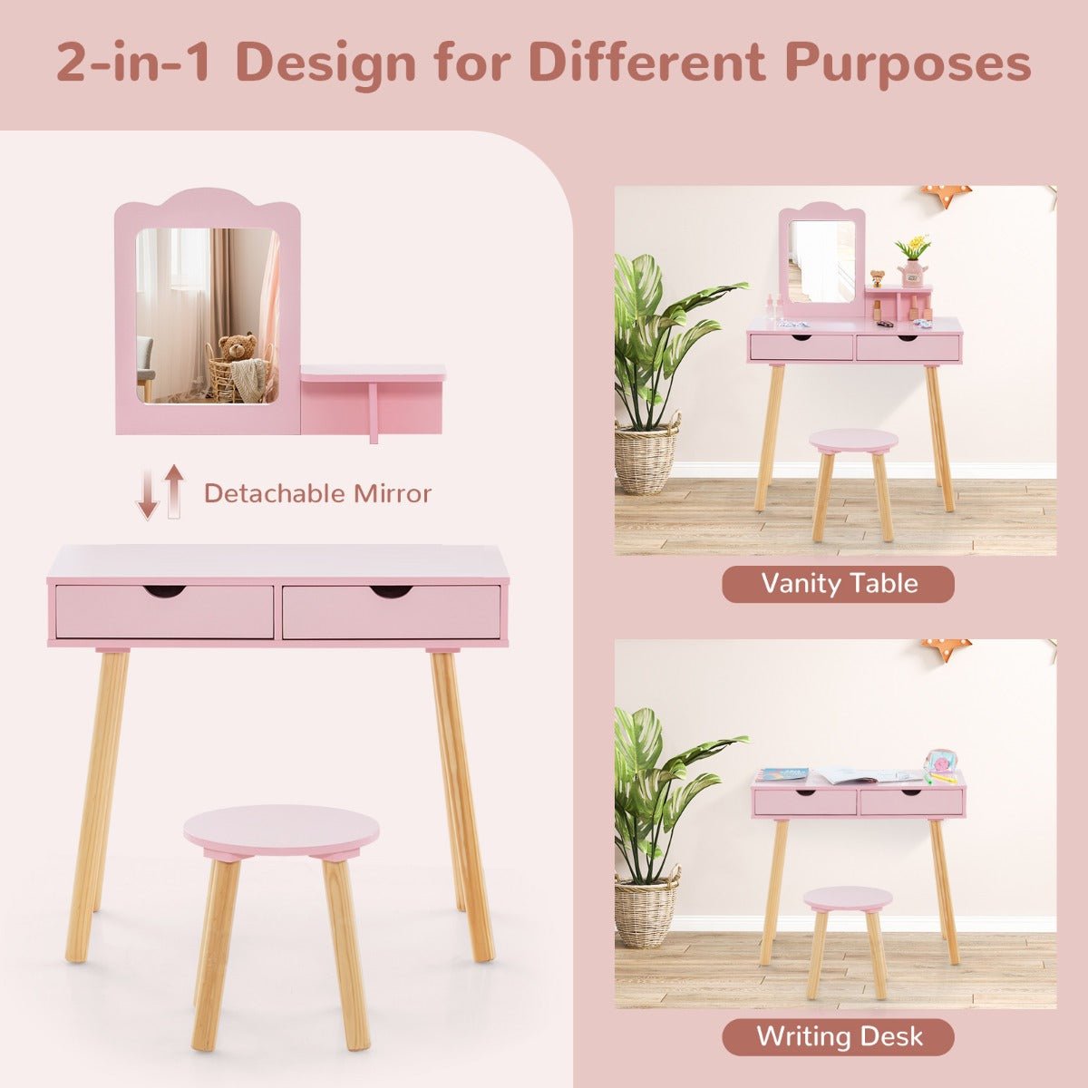 Kids Wood Vanity Table & Stool with 1 Rectangular Mirror and 2 Large Drawers-Pink - Kids Mega Mart