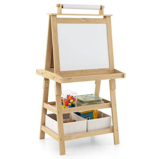 Kids wooden art easel with chalkboard, whiteboard and storage - interactive creativity station