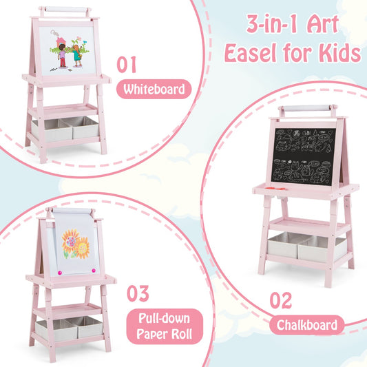 Kids pink art easel with dual-sided chalkboard and whiteboard, includes storage for creative play.