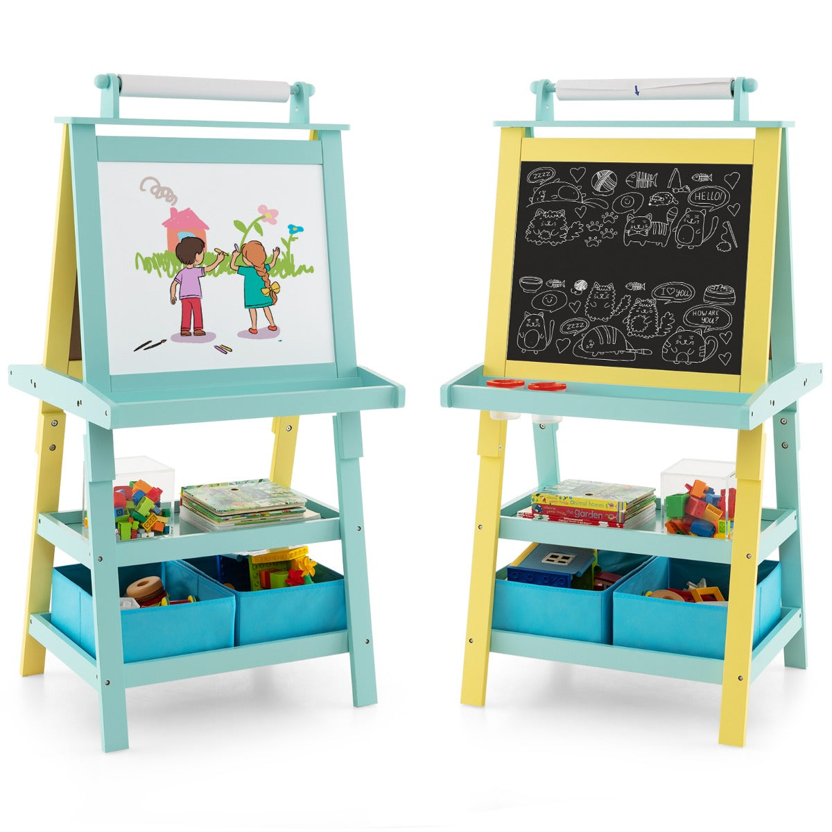 Kids double-sided art easel with storage for creative play - chalkboard, whiteboard, paper roll. Kids double-sided art easel with storage for creative play - chalkboard, whiteboard, paper roll.