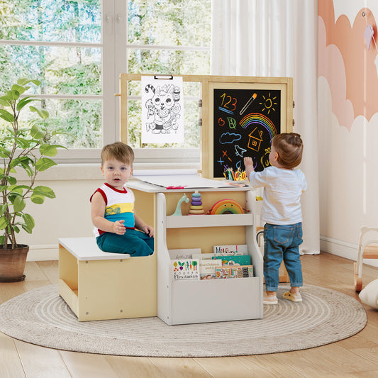 White Kids Art Table & Bench Set | Adjustable Double-Sided Easel
