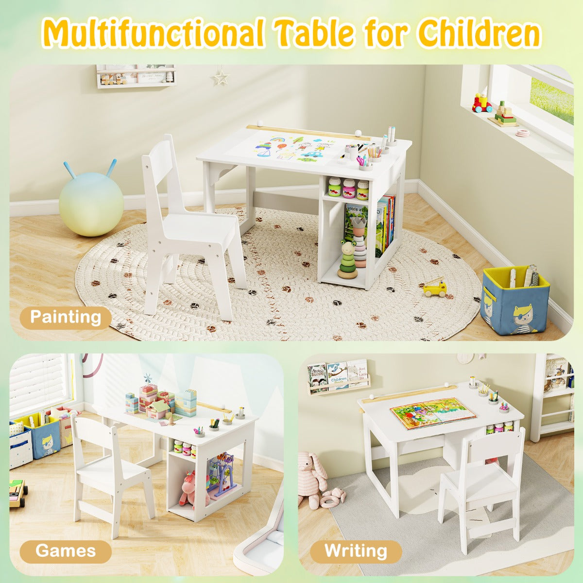 Kids Art Table | White Set with Paper Roll & Storage Shelves