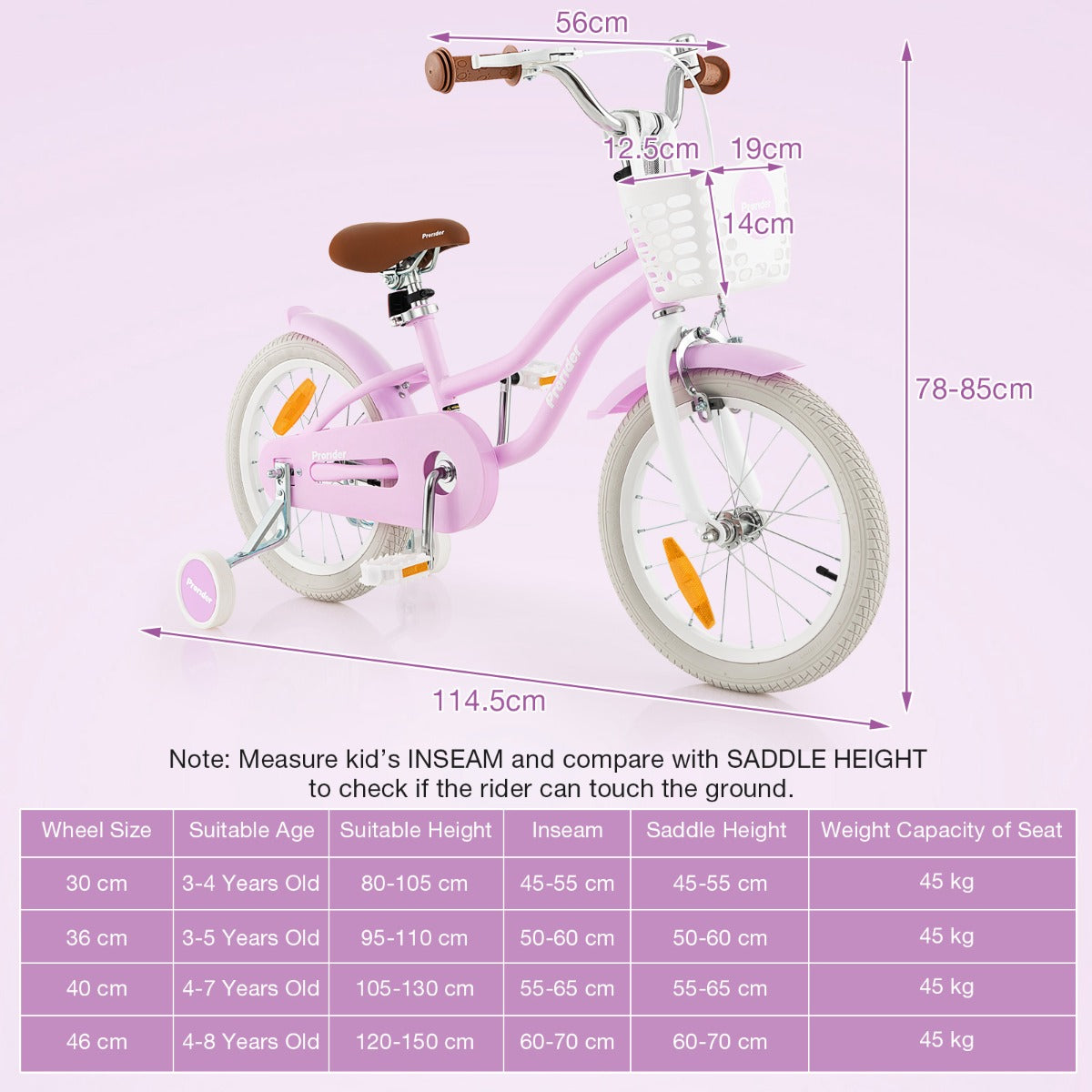 Purple kids bike with dual brakes, adjustable size for ages 3-8, perfect for outdoor fun.