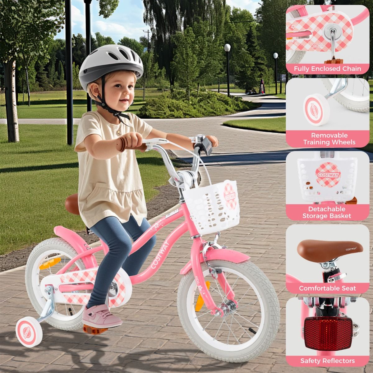Kids Bike | Adjustable Peach Red 16" with Dual Brakes & Basket