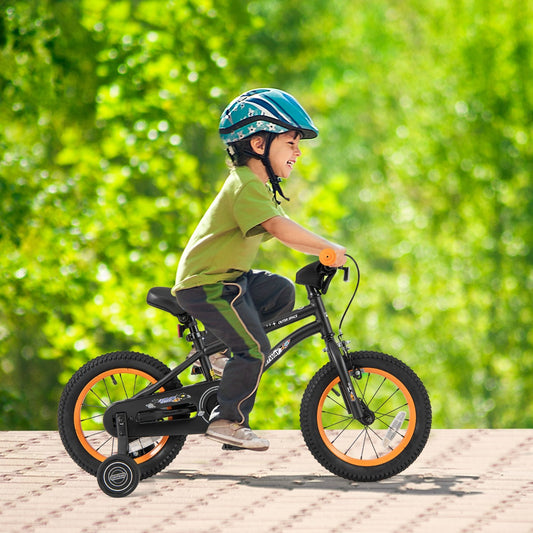 Costway Kids Bike for 4-7 Years Old Sport Bicycle Adjustable with Training Wheels-Black-14 inches