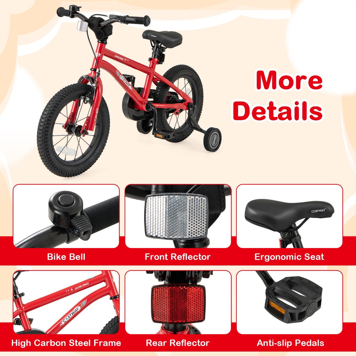 Kids Bike | Adjustable Red 14" Bicycle with Training Wheels
