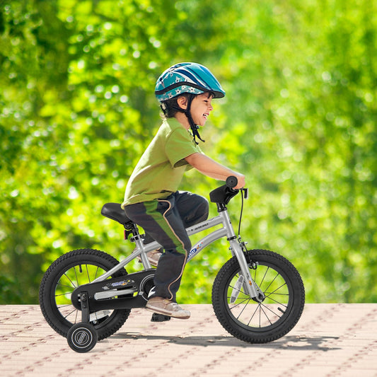 Costway Kids Bike for 4-7 Years Old Sport Bicycle Adjustable with Training Wheels-Silver-14 inches